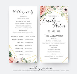 wedding program for party & ceremony card design with elegant lavender pink garden rose, anemone, wa