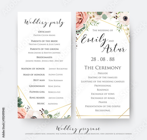 Cuadros en Lienzo Wedding program for party & ceremony card design with elegant lavender pink garden rose, anemone, wax flowers, eucalyptus branches, leaves & cute golden geometrical pattern