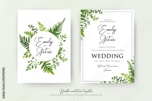 Fotomural Wedding floral watercolor style double invite, invitation, save the date card design with forest greenery herbs, leaves, eucalyptus branches, fern fronds