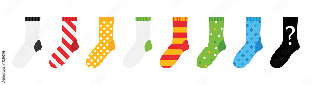 Set, collection of colorful socks icons with different ornaments isolated on white background. - obrazy, fototapety, plakaty 
