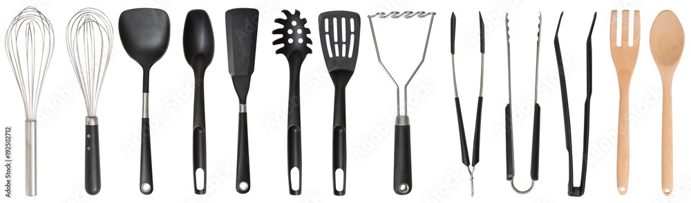 Set. Kitchen accessories. Tools for cooking. A spoon. Isolated on white background. For your design. An object. - obrazy, fototapety, plakaty 