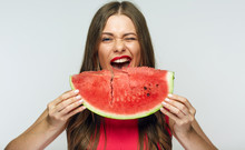 Fun Portrait Of Young Woman With Big Piece Of Watermelon