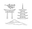 Mountain Fuji in Japan. Vintage black vector engraving illustration