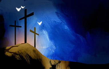 Wall Mural - Graphic Christian crosses of Jesus with spiritual doves / Simple, dramatic composition of the scene of Christ's ultimate sacrifice. Beautiful as Easter or general worship art.