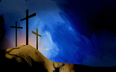 Wall Mural - Graphic Christian crosses of Jesus landscape / Simple, dramatic composition of the scene of Christ's ultimate sacrifice. Beautiful as Easter or general worship art.