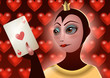 Queen of hearts grabbing a playing card, the ace of hearts over a hearts background. Vector Illustration