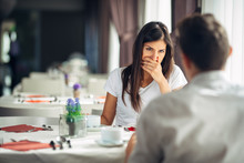 Shocked Woman In Disbelief.Handling Bad News.Relationship,marital Problems.Woman Hearing Confession From Husband.Disappointed Assaulted Emotional Female Having A Discussion With Partner.Divorce