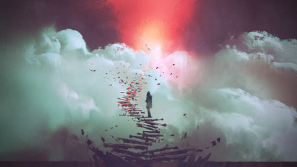 young woman standing on broken stairs leading up to sky, digital art style, illustration painting