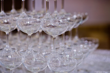 Empty glasses wine in restaurant. Glass water, campaign glass