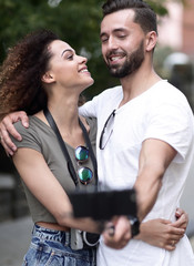 Canvas Print - Happy traveling couple making selfie, romantic mood.