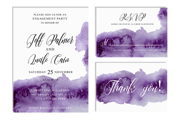 Ultra Violet wedding set with  hand drawn watercolor background. Includes Invintation, rsvp and thank you cards templates.