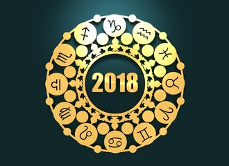 Wall Mural - Astrological symbols in the circle. Decorative ornanet. 3D rendering. 2018 year number