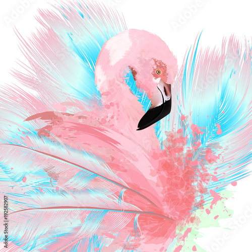 Foto-Gardine - Beautiful vector illustration with drawn pink flamingo and blue feathers (von Mary fleur)