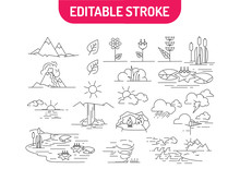 Linear Set Of Nature Icons. Landscapes With Mountains, Flowers, River, Sea, Clouds And Sunrise. Vector Illustration.