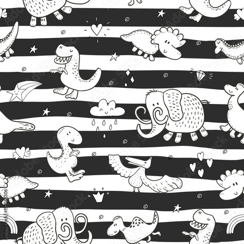 Stoffe zum Nähen Niedliche Musterdesign mit lustige Dinosaurier. Vektor-Illustration.