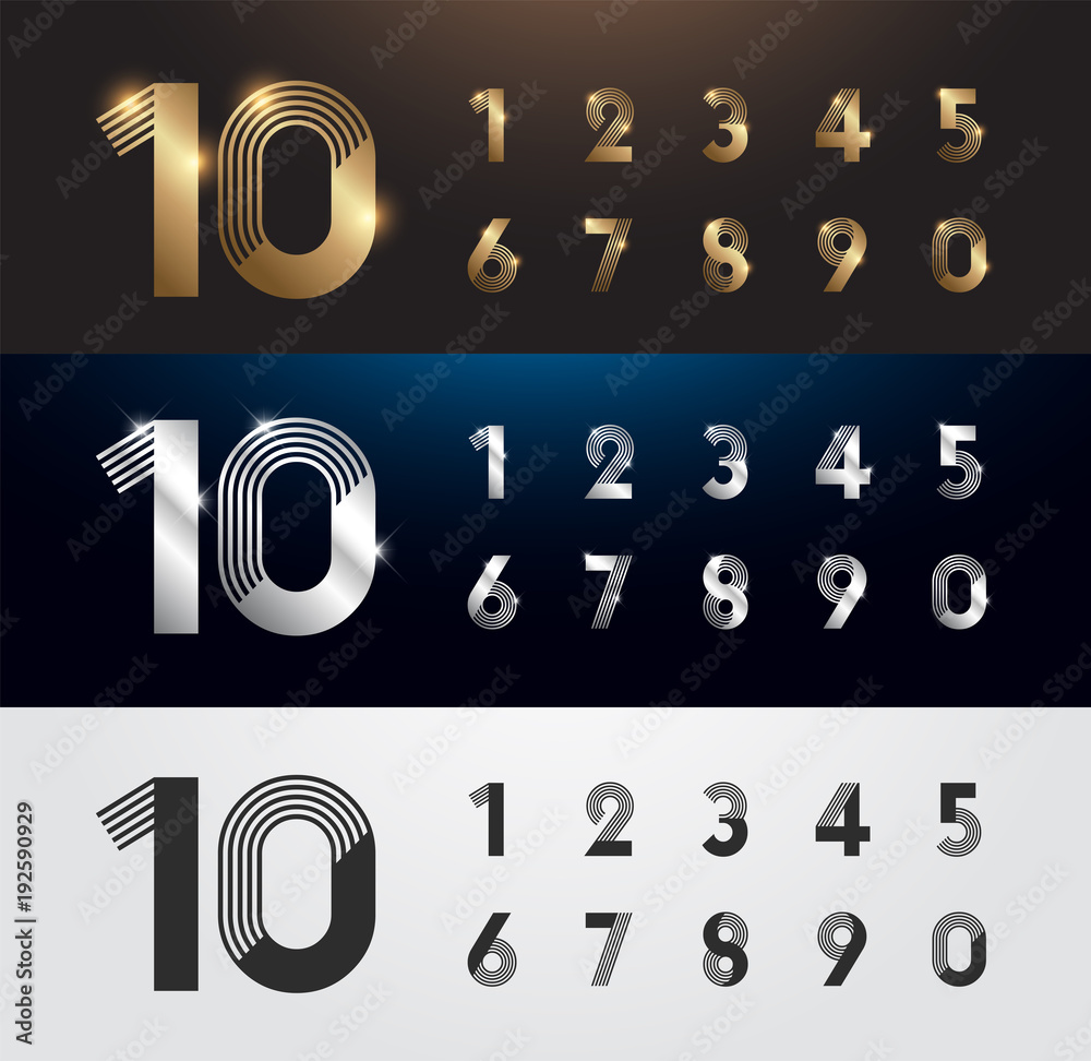 Set of metal number. Vector silver, gold and black numbers. 1, 2, 3, 4 ...