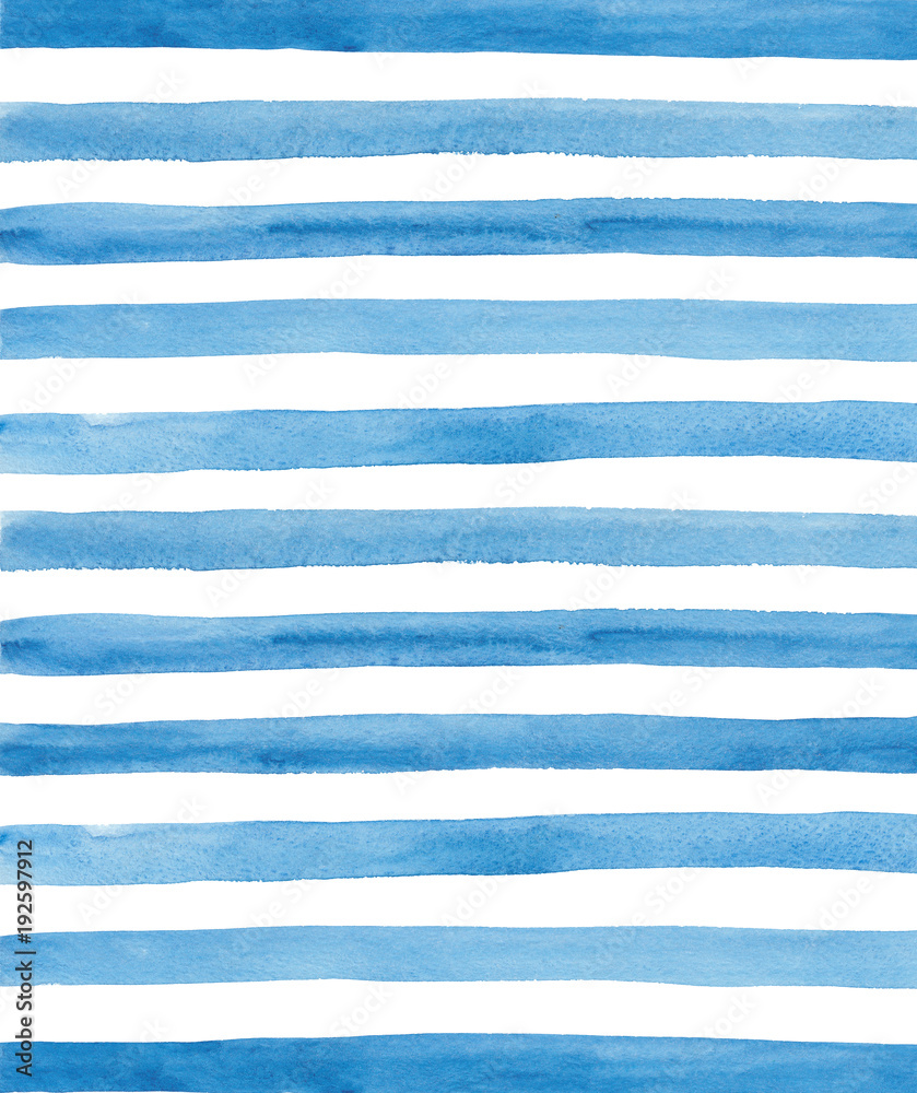 Watercolor blue and white stripes background. Hand painted lines - obrazy, fototapety, plakaty 