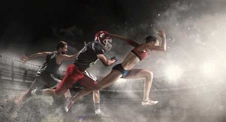 Multi sports collage about basketball, American football players and fit running woman