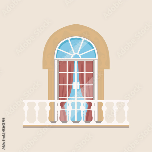 Fotografía Balcony with stone balusters and arched window vector Illustration
