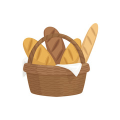 Wall Mural - Fresh baguettes in wooden basket, fresh baked bread vector Illustration