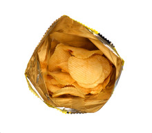 Isolate Bag Of Potato Chip, A Closeup Photo Image Of Heap Of Fried Potato Chips In A Plastic Back Isolate On White Background, Junk Food And Unhealthy Food Concept
