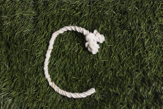 Rope alphabet on grass. Letter C