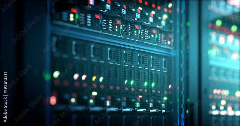 Server in datacenter. Cloud computing data storage 3d rendering - obrazy, fototapety, plakaty 