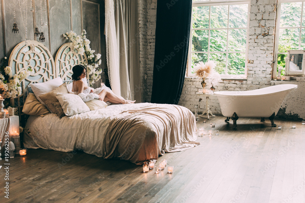 StockFoto „Beautiful bride in lingerie and big white male shirt in