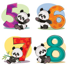Set Of Cute Baby Panda Bears With Numbers Vector Cartoon Illustration. Clipart For Greeting Card For Kids Birthday, Invitation, Template For T-shirt Print. Fun Math, Counting, Numerals - 5,6,7,8