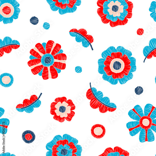 Embroidered Anemones On A White Background Cartoon Flowers Colorful Embroidery Blue And Red Leaves Petals Handmade Summer And Spring Wallpaper Buy This Stock Vector And Explore Similar Vectors At Adobe Stock