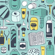 © pomolchim - Hand drawn seamless pattern with cosmetics. Actual vector drawing background with male beauty products