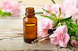 Carnation absolute essential oil and pink flowers on the wooden table