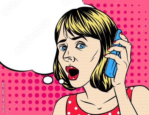 Vector Illustration Of Woman Talking By Phone Pop Art Style