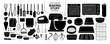 Set of isolated baking stuff in 55 pieces. Cute hand drawn kitchen tools vector illustration in black plane and white outline.