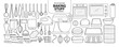 Set of isolated baking stuff in 55 pieces. Cute hand drawn kitchen tools vector illustration in black outline and white plane.