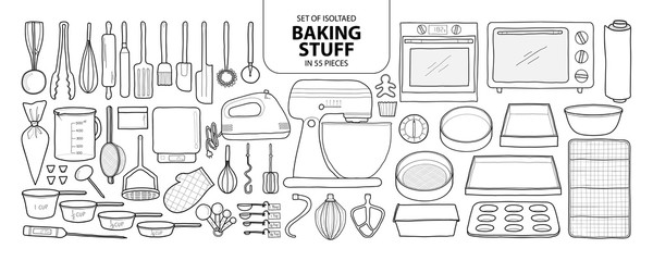 Set of isolated baking stuff in 55 pieces. Cute hand drawn kitchen tools vector illustration in black outline and white plane.