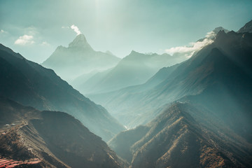 The breathtaking panoramic view the mighty misty snow-capped Himalayas and the canyons with the coniferous forests. Nepal. Ideal background for the various kinds of collages and illustrations.