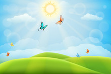 Summer Nature Background With Green Meadows, Hills And Butterflies