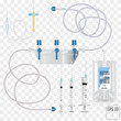 Bag of intravenous antibiotics and plastic infusion set. System for intravenous infusions with a converting device.  Tube and blood collection set. Vector