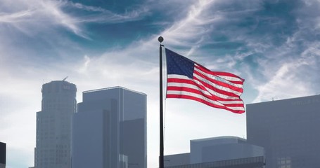 Aufkleber - American US USA flag waving over city Los Angeles skyline clouds sky background