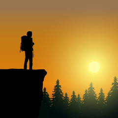 Wall Mural - vector illustration of mountain landscape with forest, rising sun and tourist