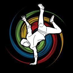 Wall Mural - Street dance, B boys dance, Hip Hop Dancing action designed on spin wheel background graphic vector