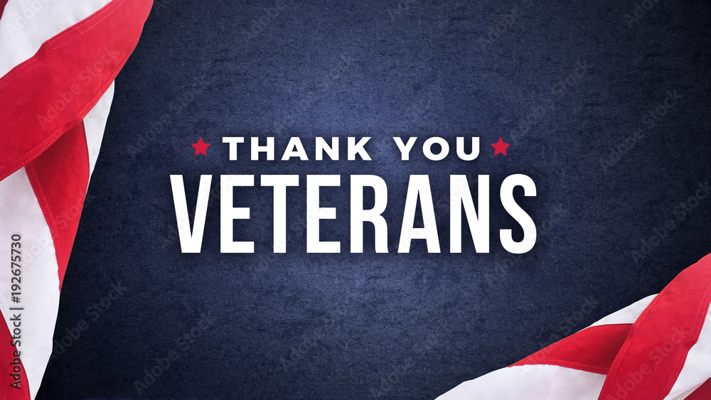 Thank You Veterans Text with American Flags Over Dark Blue Paper Background Texture - obrazy, fototapety, plakaty 