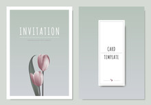 Pink Tulip Flower With Leaf, Minimal Invitation Card Template Design