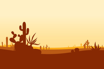 Wall Mural - Desert with cactus and sunset scenic. Vector illustration of landscape background