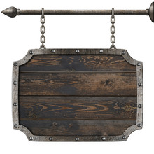 Old Wood Medieval Sign With Chains 3d Illustration