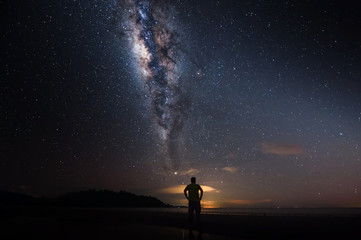 milkyway galaxy rise above lone tree at Kudat, Sabah Malaysia. Image contain soft focus, blur and noise due to long expose and high iso. Long expose and high iso setting need in night photo. 