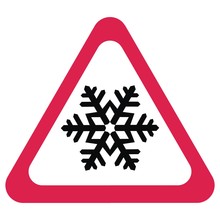 Snow Warning Sign With Snowflakes. Vector Illustration. Red Triangle Symbol Isolated On White Background. Winter Road.