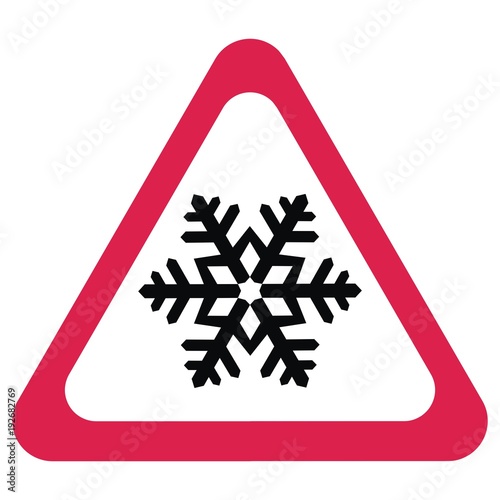 Snow warning sign with snowflakes. Vector illustration. Red triangle
