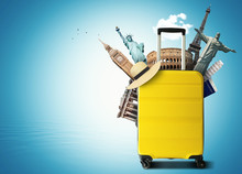 Yellow Travel Bag With World Landmark, Holiday And Tourism